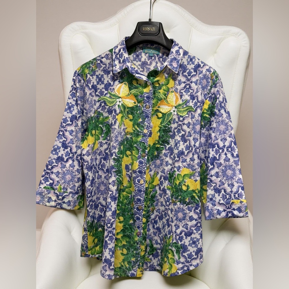 Amtica Santorini EUC Sz L Blue & Yellow Floral Button Embroidered Blouse (0654)